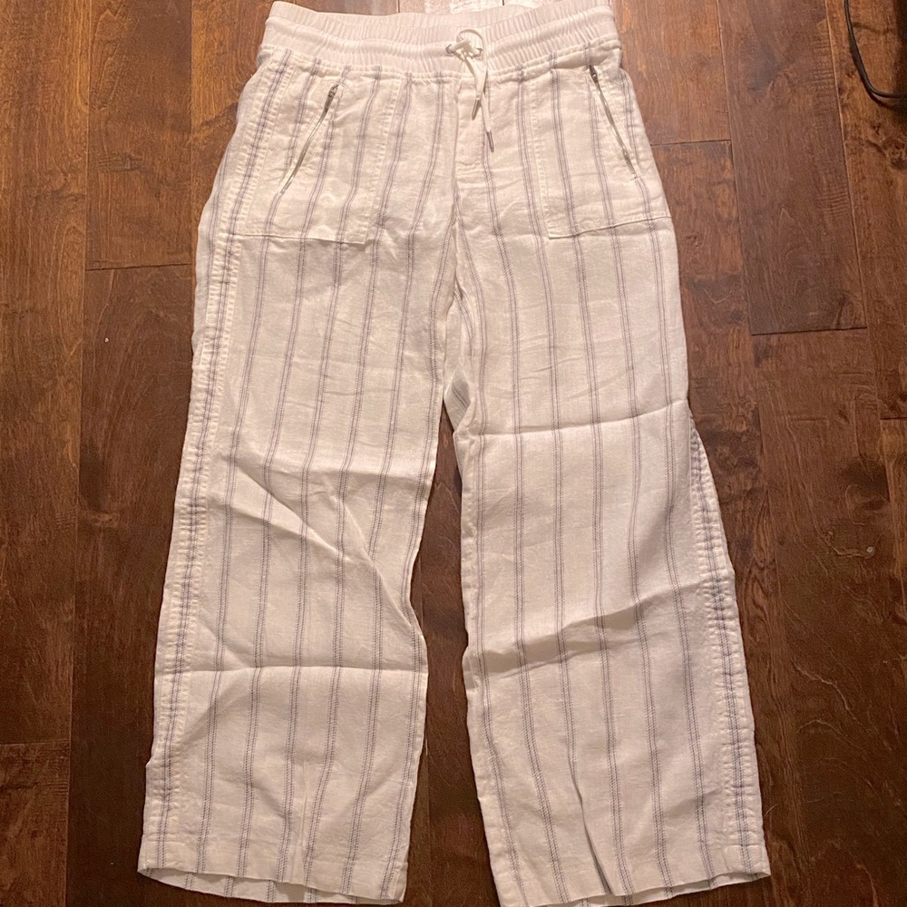 Athleta Cream and Gray Wide Leg Linen-Blend Pants - Picture 2 of 5